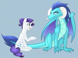 Size: 1163x863 | Tagged: safe, artist:tamersworld, derpibooru import, princess ember, rarity, dragon, sitting, story included, talking