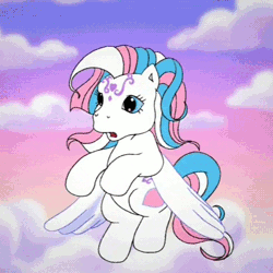 Size: 480x480 | Tagged: safe, derpibooru import, screencap, star catcher, pony, friends are never far away, animated, behind you, flying, g3, gif, reaction, solo, surprised