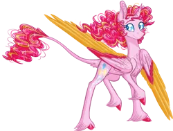 Size: 1610x1218 | Tagged: safe, artist:australian-senior, derpibooru import, pinkie pie, alicorn, classical unicorn, pony, kirindos, alicornified, alternate universe, chest fluff, colored hooves, colored wings, colored wingtips, cute, female, fluffy, leonine tail, looking back, mare, multicolored wings, pinkiecorn, race swap, simple background, smiling, solo, sparkles, spread wings, transparent background, unshorn fetlocks, wings, xk-class end-of-the-world scenario