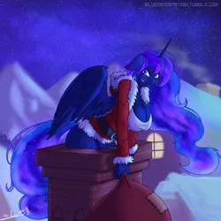 Size: 2000x2000 | Tagged: anthro, artist:silverfox057, big breasts, blushing, bottomless, breasts, busty princess luna, chimney, christmas, cleavage, clothes, costume, derpibooru import, downblouse, female, holiday, partial nudity, princess luna, santa costume, solo, solo female, stuck, suggestive