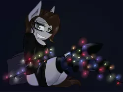 Size: 2560x1920 | Tagged: suggestive, artist:taleriko, derpibooru import, oc, oc:taleriko, unofficial characters only, earth pony, pony, bedroom eyes, christmas lights, clothes, cute, female, pillow, rcf community, simple background, sitting, smiling, socks, solo, solo female, striped socks