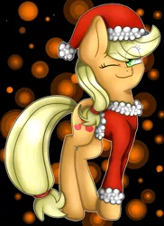 Size: 1024x1407 | Tagged: safe, artist:skashigame, derpibooru import, applejack, clothes, costume, hat, one eye closed, santa costume, santa hat, solo, wink