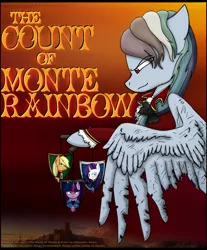 Size: 1282x1546 | Tagged: safe, artist:stuflox, derpibooru import, applejack, rainbow dash, twilight sparkle, twilight sparkle (alicorn), alicorn, pony, the count of monte rainbow, comic cover, crossover, danglajacks, danglars, mondego, monsparkle, rainbow dantes, rarifort, shield, the count of monte cristo, villefort