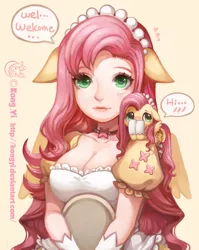 Size: 1024x1287 | Tagged: artist:kongyi, blushing, breasts, cleavage, clothes, cute, derpibooru import, eared humanization, female, floppy ears, fluttershy, human, humanized, human ponidox, maid, safe, self ponidox, shyabetes, tiny ponies, tray, winged humanization