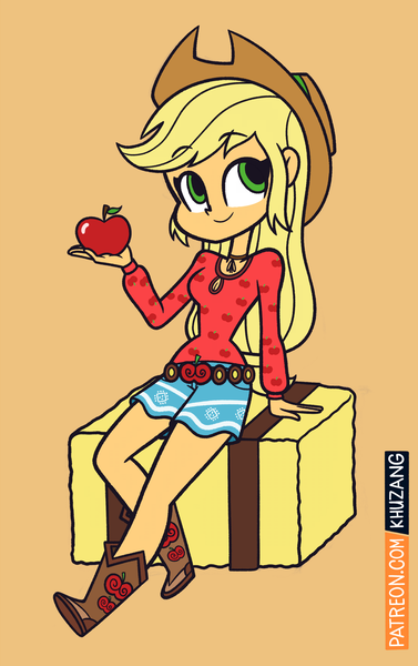 Size: 942x1500 | Tagged: safe, artist:khuzang, derpibooru import, applejack, equestria girls, legend of everfree, apple, boho, boots, camp fashion show outfit, clothes, cowboy hat, cute, fruit, hat, jackabetes, shoes, shorts, sitting, smiling, solo, stetson