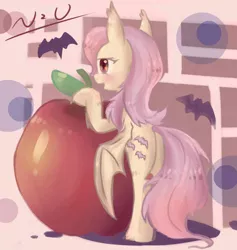 Size: 640x676 | Tagged: safe, artist:nitrogenowo, derpibooru import, fluttershy, bat, bat pony, pony, apple, bipedal, bipedal leaning, flutterbat, flutterbutt, food, giant apple, leaning, plot, race swap, solo