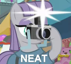 Size: 671x606 | Tagged: safe, derpibooru import, edit, edited screencap, screencap, maud pie, earth pony, pony, the gift of the maud pie, camera, camera flashes, cropped, discovery family logo, female, futurama, image macro, mare, meme, neat, solo