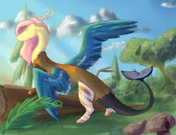 Size: 1280x984 | Tagged: alternate universe, artist:pasu-chan, derpibooru import, draconequified, draconequus, fangs, female, flutterequus, fluttershy, hybrid, looking away, noodle au, safe, solo, species swap, spread wings, tail fin