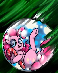 Size: 547x682 | Tagged: safe, artist:whale, derpibooru import, pinkie pie, candy, candy cane, chest fluff, christmas ornament, christmas tree, colored pupils, decoration, food, on back, solo, tree