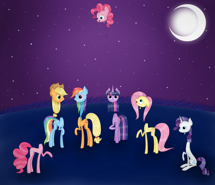 Size: 2900x2500 | Tagged: applejack, artist:tatemagiqueesquisse, balloon head, balloon pony, derpibooru import, disembodied head, fluttershy, headless, mane six, modular, moon, pinkie pie, rainbow dash, rarity, safe, twilight sparkle