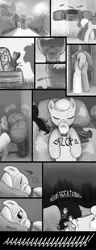 Size: 1500x3917 | Tagged: safe, artist:nimaru, derpibooru import, oc, oc:landslide, oc:luau, unofficial characters only, earth pony, pony, comic:like a landslide, bag, bed, comic, female, grayscale, heavy breathing, male, mare, monochrome, screaming, sleeping, stallion