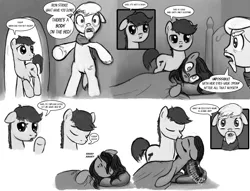 Size: 2000x1528 | Tagged: safe, artist:nimaru, derpibooru import, oc, oc:iron strike, oc:landslide, oc:luau, unofficial characters only, earth pony, pony, comic:like a landslide, bed, bipedal, comic, female, grayscale, kissing, male, mare, monochrome, scared, stallion
