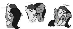 Size: 1822x729 | Tagged: suggestive, artist:nimaru, derpibooru import, oc, oc:iron strike, oc:luau, unofficial characters only, earth pony, pony, comic:like a landslide, blushing, female, grayscale, kissing, male, mare, monochrome, neo noir, oc x oc, partial color, shipping, stallion, straight