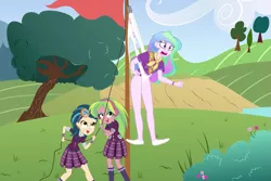 Size: 1251x838 | Tagged: safe, artist:lokirofrorikstead, derpibooru import, indigo zap, lemon zest, princess celestia, equestria girls, clothes, embarrassed, female, flag pole, flagpole wedgie, hanging wedgie, humiliation, panties, principal celestia, underwear, wedgie, white underwear