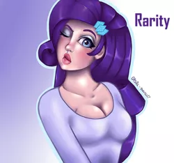 Size: 1024x959 | Tagged: artist:shugoii, breasts, busty rarity, cleavage, clothes, derpibooru import, duckface, eyeshadow, female, humanized, kissy face, makeup, one eye closed, rarity, safe, shirt, solo, wink