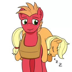 Size: 1280x1280 | Tagged: safe, artist:mkogwheel, derpibooru import, applejack, big macintosh, earth pony, pony, carrying, cute, hatless, male, missing accessory, pony pillow, siblings, simple background, sleeping, snoring, stallion, teenage applejack, teenage big macintosh, white background, zzz