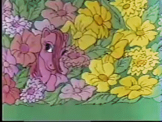 Size: 334x251 | Tagged: safe, derpibooru import, screencap, blossom, blue belle, butterscotch (g1), cotton candy (g1), minty (g1), snuzzle, human, pony, advertisement, animated, bicycle, bow, brush, flower, g1, gif, heart, irl, irl human, original six, photo, tail bow, target demographic, toy, traditional animation