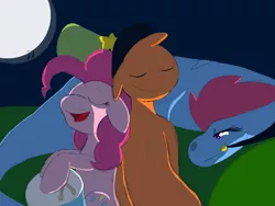 Size: 1024x768 | Tagged: artist:scribblesea, back to back, bonding, crossover, crossover shipping, derpibooru import, dialogue, drums, eyes closed, heartwarming, hush now quiet now, impressed, interspecies, lullaby, male, moon, night, pinker, pinkie pie, romantic, safe, singing, sleeping, sylvia, together forever, wander over yonder, wander (wander over yonder), zzz