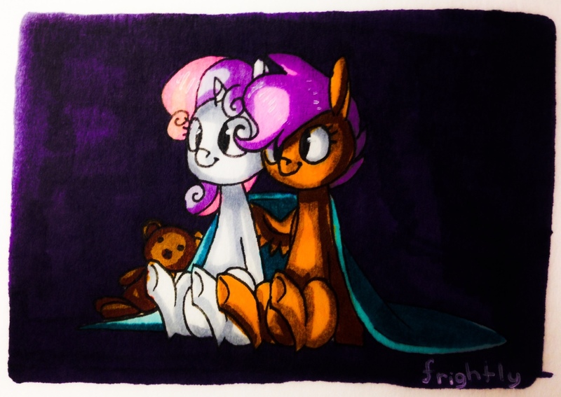 Size: 1280x907 | Tagged: artist:theorderofalisikus, blanket, derpibooru import, female, lesbian, safe, scootabelle, scootaloo, shipping, sweetie belle, teddy bear, traditional art