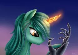 Size: 2800x2000 | Tagged: safe, artist:pony-stark, derpibooru import, lyra heartstrings, pony, unicorn, bust, ear fluff, female, glowing horn, hand, magic, mare, mechanical hands, portrait, profile, raised hoof, signature, sky, smiling, solo, stars, technology, that pony sure does love hands, twilight (astronomy), wires