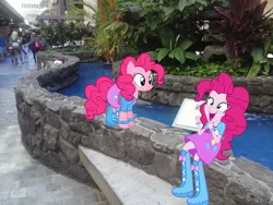 Size: 1505x1129 | Tagged: safe, artist:newportmuse, artist:strumfreak, artist:zacatron94, derpibooru import, pinkie pie, equestria girls, boots, bracelet, clothes, cute, diapinkes, equestria girls in real life, equestria girls outfit, fountain, hawaii, haywaii, high heel boots, human ponidox, irl, jewelry, mall, photo, ponies in real life, scenery, self ponidox, skirt