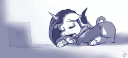 Size: 1280x582 | Tagged: artist:crade, classical unicorn, cloven hooves, computer, derpibooru import, laptop computer, leonine tail, male, monochrome, oc, oc:yodi, safe, sleeping, sleepy, solo, stallion, unofficial characters only, unshorn fetlocks