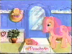 Size: 334x251 | Tagged: safe, derpibooru import, screencap, peachy, twinkles, cat, human, pony, advertisement, animated, bow, g1, gif, hat, heart, irl, irl human, photo, playset, tail bow, target demographic, toy, traditional animation