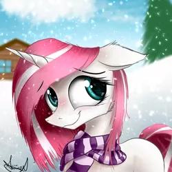 Size: 1600x1600 | Tagged: safe, artist:aurelleah, derpibooru import, oc, oc:aether wake, unofficial characters only, pony, unicorn, :3, blushing, cheek fluff, clothes, cute, ear fluff, floppy ears, scarf, simple background, smiling, snow, solo, tree, winter