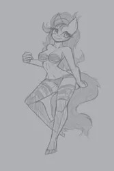 Size: 1200x1800 | Tagged: anthro, artist:raptor007, bra, breasts, clothes, derpibooru import, female, grayscale, lingerie, monochrome, panties, pinkie pie, plantigrade anthro, socks, solo, solo female, stockings, suggestive, thigh highs, underwear