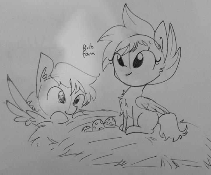 Size: 1274x1056 | Tagged: safe, artist:tjpones, derpibooru import, oc, unofficial characters only, bird pone, pegasus, pony, behaving like a bird, birb, black and white, egg, family, grayscale, monochrome, nest, sitting