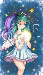 Size: 750x1280 | Tagged: artist:161141, clothes, cute, derpibooru import, dress, flower, flower in hair, horned humanization, human, humanized, :o, open mouth, princess celestia, safe, short dress, solo, spread wings, stars, tangible heavenly object, wide eyes, winged humanization