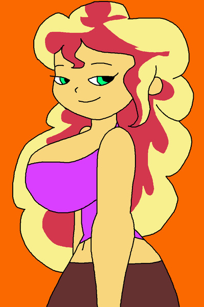 Size: 833x1254 | Tagged: suggestive, artist:portalmasterdan64, derpibooru import, sunset shimmer, equestria girls, anti-gravity boobs, bad anatomy, belly button, big breasts, breasts, busty sunset shimmer, cleavage, female, huge breasts, midriff, sideboob, smiling, solo, solo female