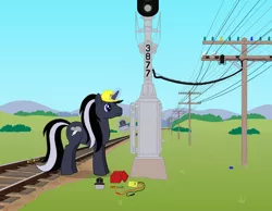Size: 1700x1319 | Tagged: artist:lonewolf3878, derpibooru import, oc, oc:chrome thunder, railroad signal, safe, solo, telephone pole, train tracks, unofficial characters only