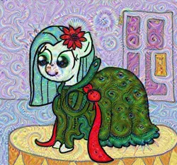 Size: 750x703 | Tagged: alternate color palette, artist:ficficponyfic, bow, clothes, color, colored, color edit, colt, colt quest, crossdressing, cute, cyoa, deepdream, derpibooru import, door, drag queen, dress, edit, edited edit, femboy, flower, flower in hair, male, oc, oc:emerald jewel, ribbon, safe, shoes, solo, trap, unofficial characters only
