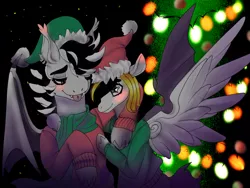 Size: 1600x1200 | Tagged: safe, artist:brainiac, derpibooru import, oc, oc:ashe, unofficial characters only, bat pony, pony, bust, christmas, christmas lights, christmas tree, clothes, couple, fangs, female, hug, hybrid pony, lesbian, mare, multiple, piercing, tree