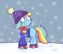 Size: 1418x1230 | Tagged: artist:typhwosion, clothes, derpibooru import, looking up, rainbow dash, safe, scarf, snow, snowfall, socks, solo, sweater, toque