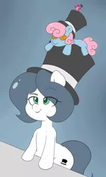 Size: 1152x1920 | Tagged: safe, artist:matitas, derpibooru import, pinkie pie, oc, oc:hattsy, pony, bipedal, bipedal leaning, hat, leaning, lidded eyes, looking up, plushie, raised eyebrow, top hat