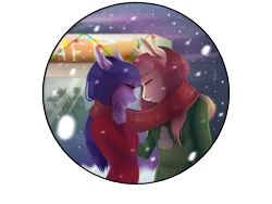 Size: 2400x1800 | Tagged: anthro, artist:maria-fly, clothes, derpibooru import, oc, oc:artline, oc:cosmia nebula, safe, scarf, shared clothing, shared scarf, simple background, snow, transparent background, unofficial characters only