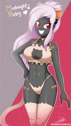 Size: 1456x2600 | Tagged: suggestive, artist:the-butch-x, derpibooru import, oc, oc:midnight ruby, unofficial characters only, equestria girls, bell, bell collar, belly button, big breasts, blushing, boob window, bra, breasts, cat ears, cat keyhole bra set, cat lingerie, cat tail, cleavage, clothes, collar, crop top bra, dark skin, equestria girls-ified, female, frilly underwear, grin, hand on hip, heart, lingerie, looking at you, neko, panties, red eyes, sexy, side knot underwear, smiling, socks, solo, solo female, stockings, thigh highs, thong, underwear