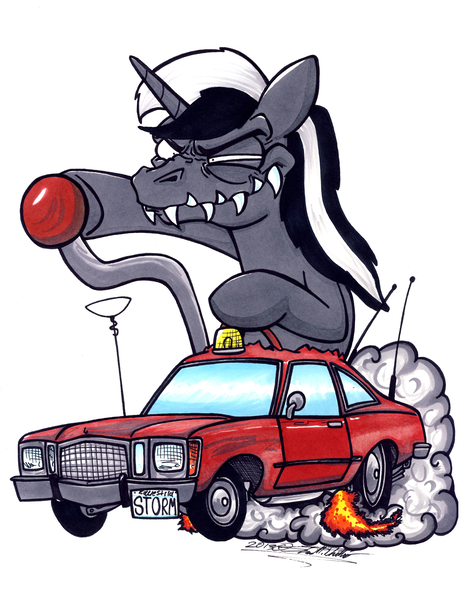 Size: 2584x3296 | Tagged: artist:sketchywolf-13, car, commission, derpibooru import, oc, oc:chrome thunder, plymouth, plymouth volare, rat fink, safe, solo, traditional art, unofficial characters only