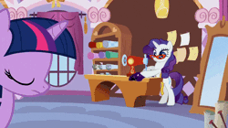 Size: 445x250 | Tagged: safe, derpibooru import, screencap, rarity, twilight sparkle, pony, suited for success, animated, art of the dress, clothes, dress, frazzled, gala dress, gif, ponyquin, sewing, sewing machine