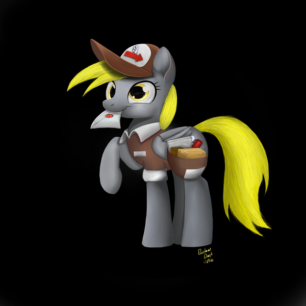 Size: 2000x2000 | Tagged: safe, artist:humbertomena, artist:rainbowdash, derpibooru import, derpy hooves, pegasus, pony, black background, cap, female, hat, mail, mailbag, mailmare, mare, simple background, solo