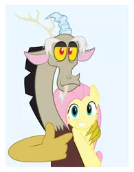 Size: 3346x4291 | Tagged: safe, artist:hoodie-stalker, derpibooru import, discord, fluttershy, draconequus, pegasus, pony, absurd resolution, bipedal, duo, hug, looking at you, male, photo, pointing, side hug, simple background, teeth, thumbs up, vector
