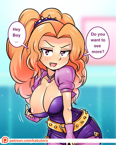 Size: 1232x1539 | Tagged: questionable, artist:kabutoro, derpibooru import, adagio dazzle, equestria girls, adorabolical, adorasexy, areola, areola slip, big breasts, blushing, breasts, bronybait, busty adagio dazzle, cleavage, clothes, cute, cute little fangs, dialogue, fangs, female, flashing, gem, headband, image, jpeg, looking at you, nipples, open mouth, sexy, siren gem, solo, solo female, speech bubble, spikes, stupid sexy adagio dazzle, teasing