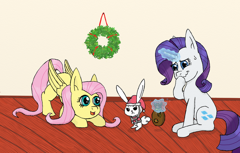 Size: 1300x830 | Tagged: angel bunny, artist:eulicious, christmas, clothes, collar, costume, derpibooru import, fluttershy, magic, rarity, safe, santa costume