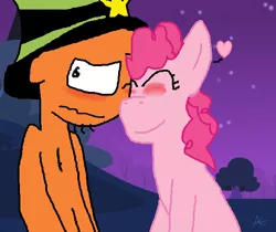 Size: 584x490 | Tagged: artist:sansisk, awkward, blushing, bonding, couple, crossover, crossover shipping, crush, date, derpibooru import, eyes closed, heart, heartwarming, in love, interspecies, male, nervous, night, nuzzling, one eye closed, pinker, pinkie pie, romantic, safe, shipping, smiling on the inside, straight, together forever, true love, uncomfortable, unsure, wander over yonder, wander (wander over yonder), wavy mouth