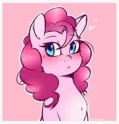 Size: 1024x1065 | Tagged: safe, artist:shellydreams, derpibooru import, pinkie pie, earth pony, pony, blushing, bust, chest fluff, cute, diapinkes, female, heart, mare, pink background, portrait, simple background, solo