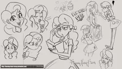 Size: 1920x1080 | Tagged: suggestive, artist:burning-heart-brony, derpibooru import, pinkie pie, trixie, twilight sparkle, equestria girls, angry, book, chibi, crying, cupcake, emotions, expressions, fist, food, glasses, grayscale, happy, heart, ice cream, licking, moaning, monochrome, nerd, pencil, pointing, puzzled, reading, sad, sign, sketch, sketch dump, surprised, that pony sure does love cupcakes, tongue out, upset