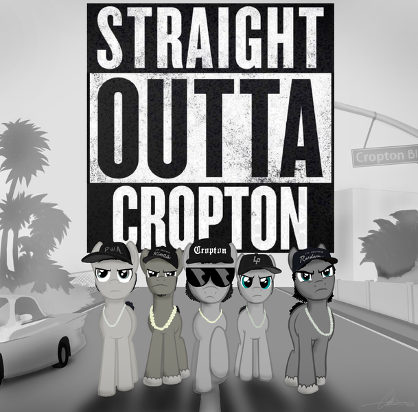 Size: 4400x4332 | Tagged: absurd resolution, artist:oinktweetstudios, cap, chains, crossover, derpibooru import, dj yella, dr. dre, eazy-e, grayscale, hat, ice cube (rapper), mc ren, monochrome, nwa, ponified, safe, straight outta compton, sunglasses, vulgar, vulgar description