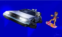 Size: 3192x1920 | Tagged: safe, artist:oinktweetstudios, derpibooru import, ponified, pony, back to the future, bipedal, crossover, delorean, doc brown, hoverboard, marty mcfly